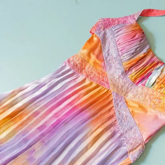 NV Couture Y2K Rainbow Pleated Halter Neck Beaded Sweetheart Formal Dress Size 8